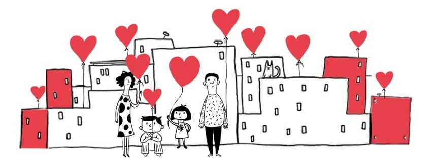 Grafika przedstawia kobietę, chłopca, dziewczynkę i mężczyznę na tle budynków w kolorze biało-czerwonym. W dłoniach trzymają baloniki na sznurku w kształcie serca.