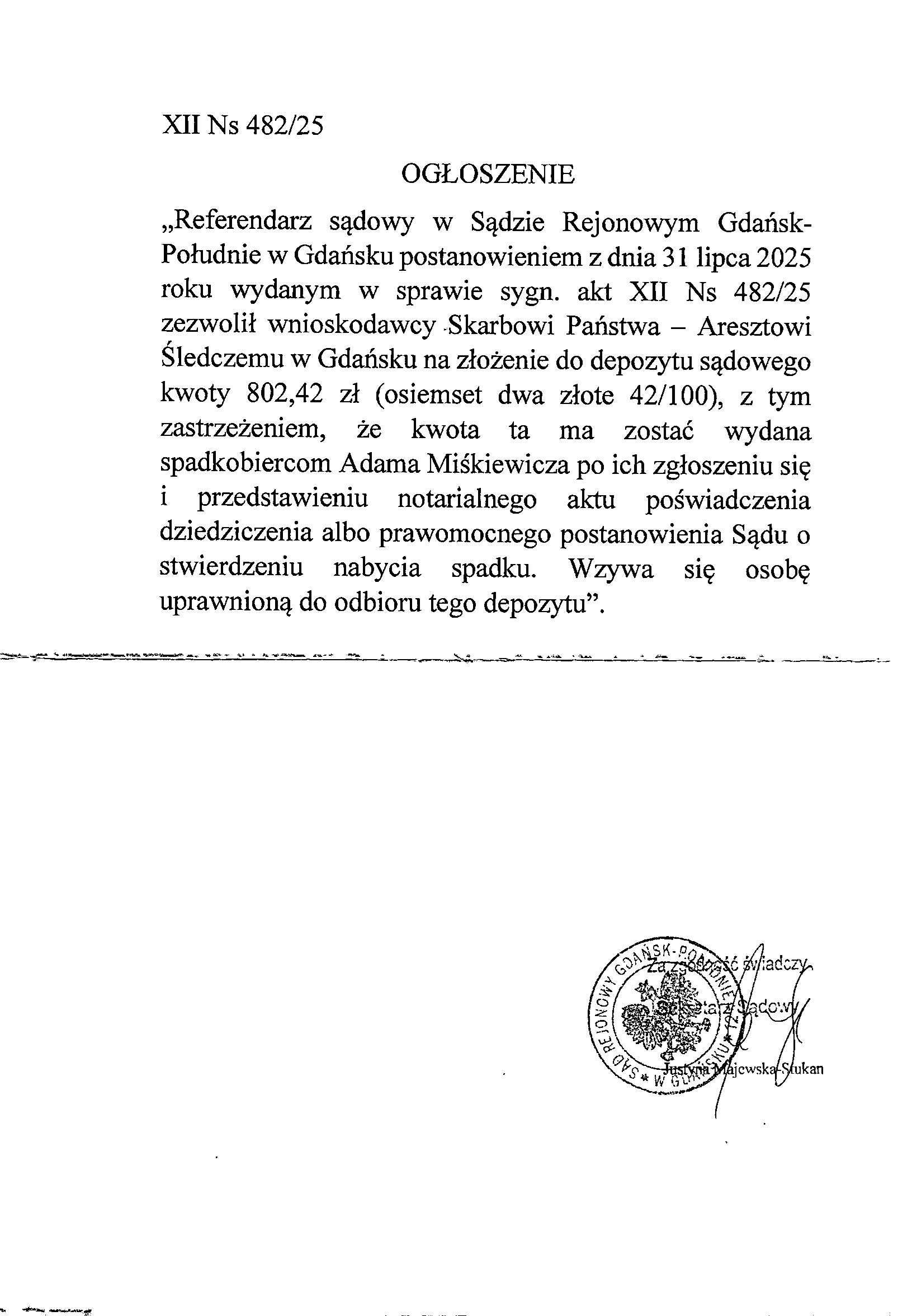 Ogłoszenie Sądu Rejonowego Gdańsk-Południe w Gdańsku XII Wydziału Cywilnego