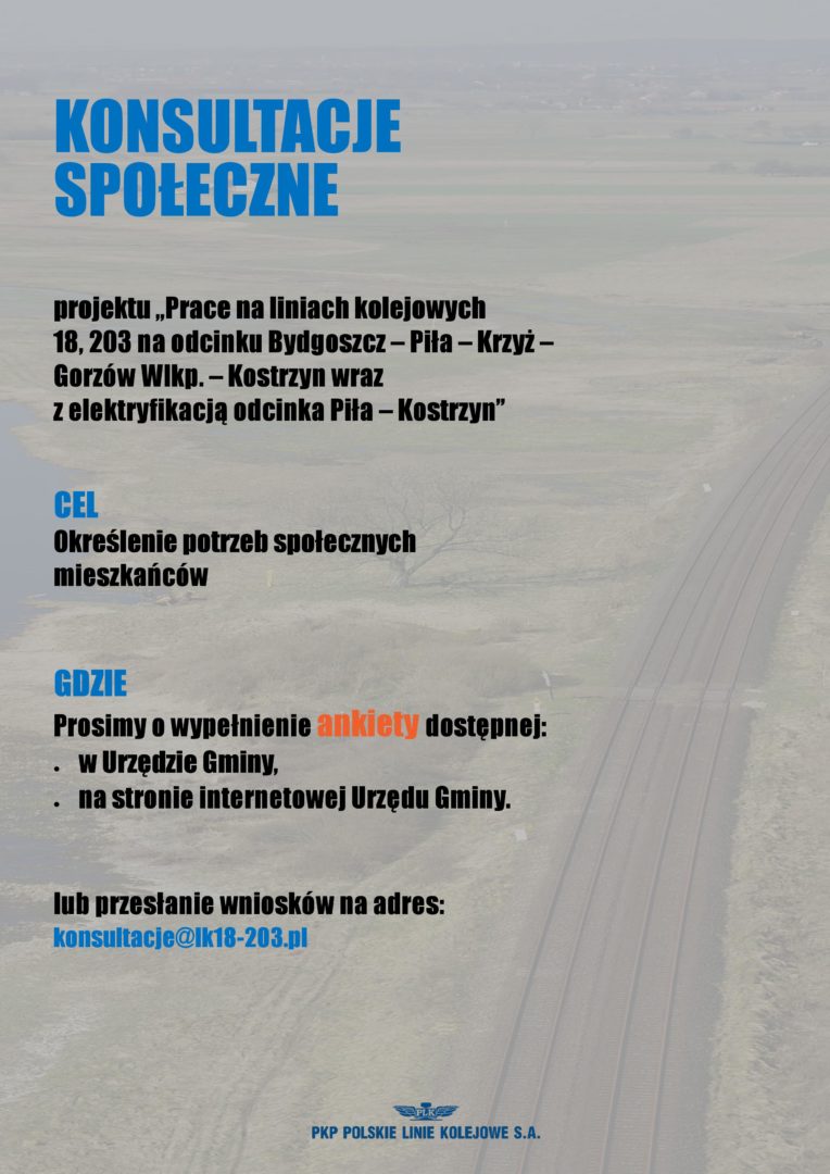 Plakat konsultacji społecznych projektu "Prace na liniach kolejowych 18, 203 na odcinku Bydgoszcz - Piła - Krzeż - Gorzów WLKP. - Kostrzyn wraz z elektryfikacją odcinka Piła - Kostrzyn"