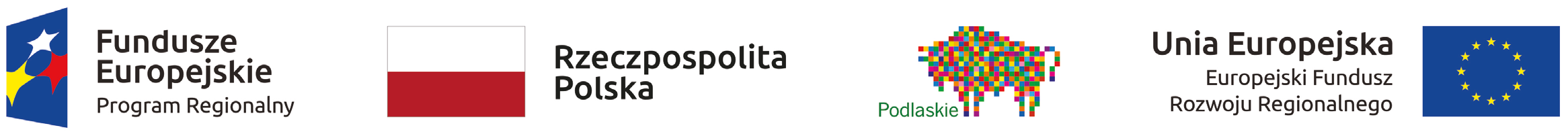 Logotypy projektu: Fundusze Europejskie Program Regionalny, Flaga Rzeczypospolitej Polskiej, logo Województwa Podlaskiego (żubr w pikselach) oraz flaga Unii Europejskiej