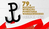 na biało czerwonym tle zna Polski walczącej i napis 79. rocznicy wybuchu Powstania Warszawskiego- 1 sierpnia 2023