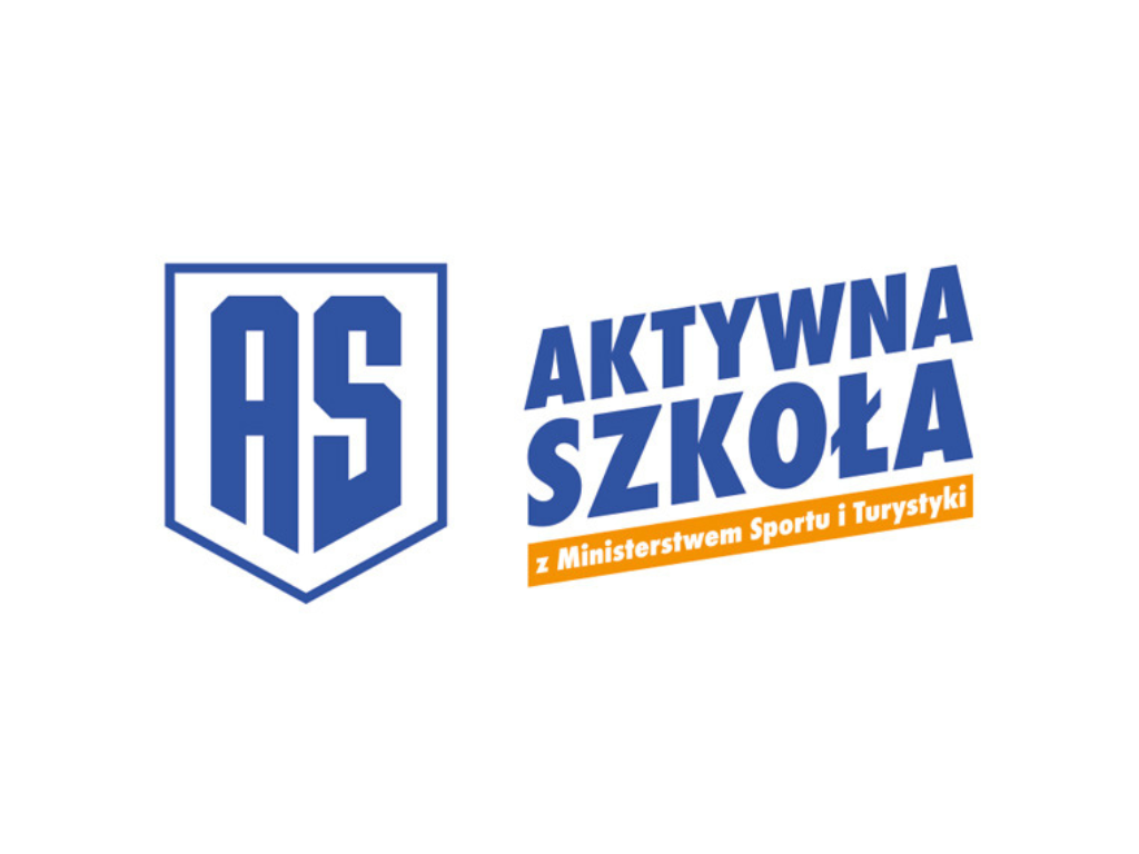 na białym tle niebieski napis "Aktywna Szkoła", dalej na pomarańczowym tle biały napis "z Ministerstwem Sportu i Turystyki"