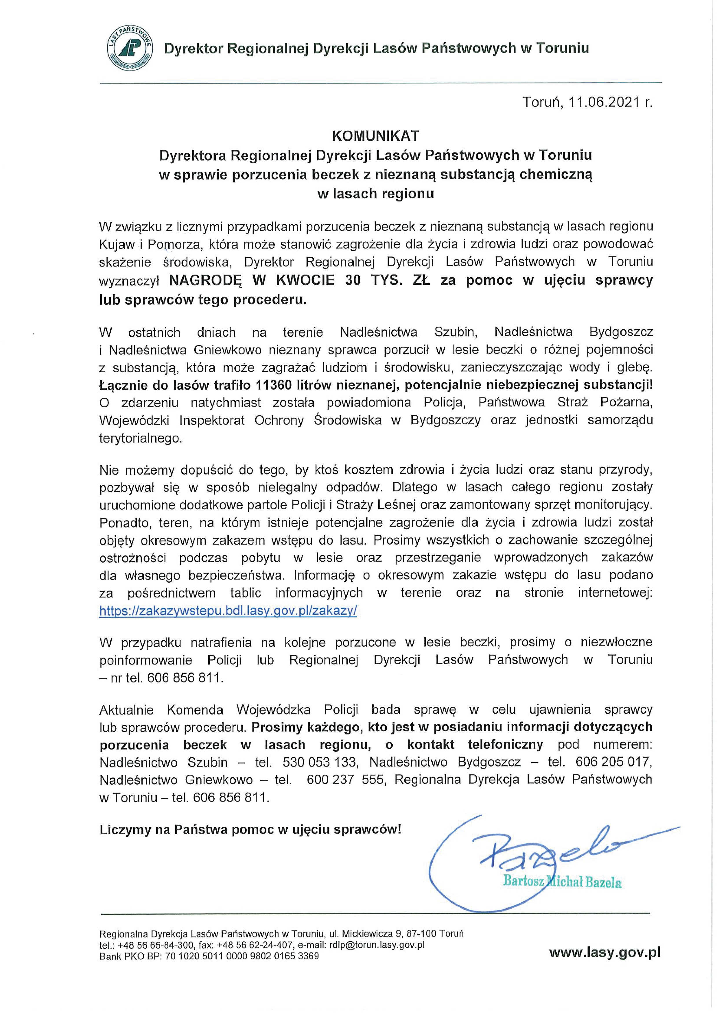 komunikat Regionalnej Dyrekcji Lasów Państwowych w Toruniu w sprawie porzucenia beczek z nieznaną substancją chemiczną w lasach regionu