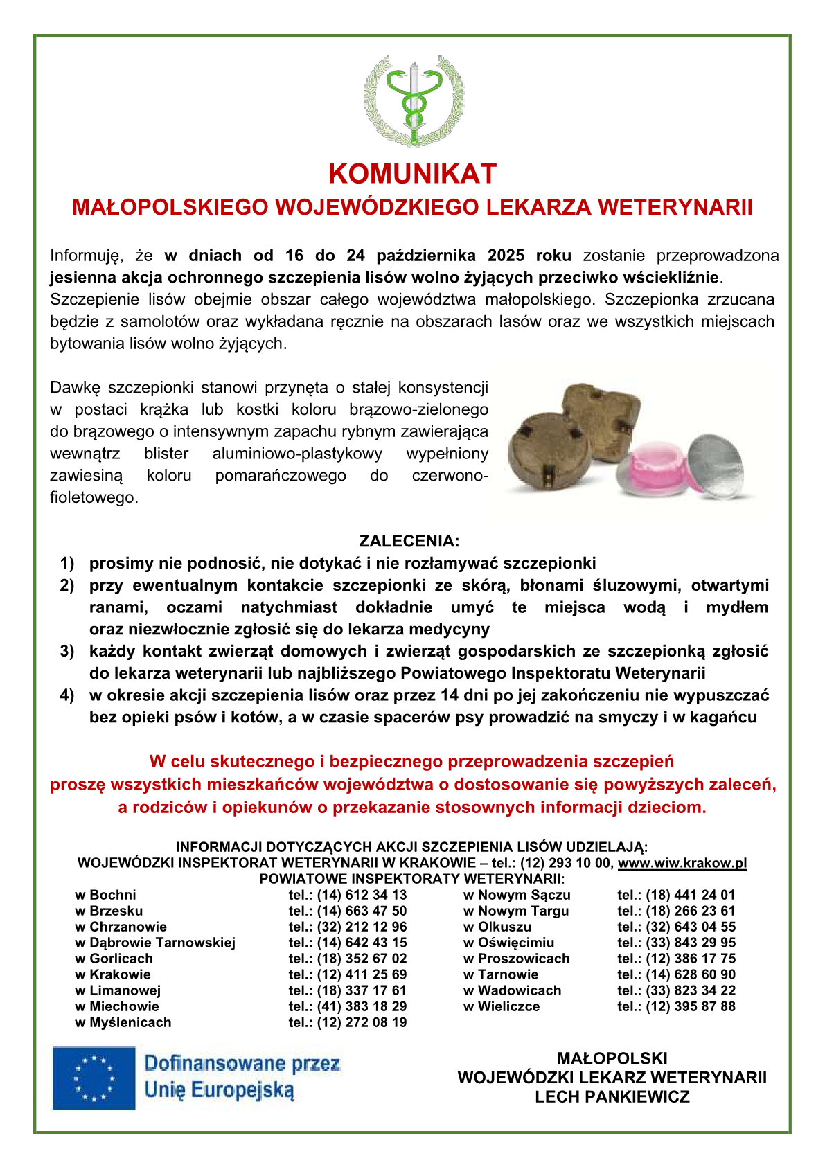 Komunikat Małopolskiego Wojewódzkiego Lekarza Weterynarii w Krakowie w sprawie jesiennej akcji ochronnego szczepienia lisów wolno żyjących przeciwko wściekliźnie