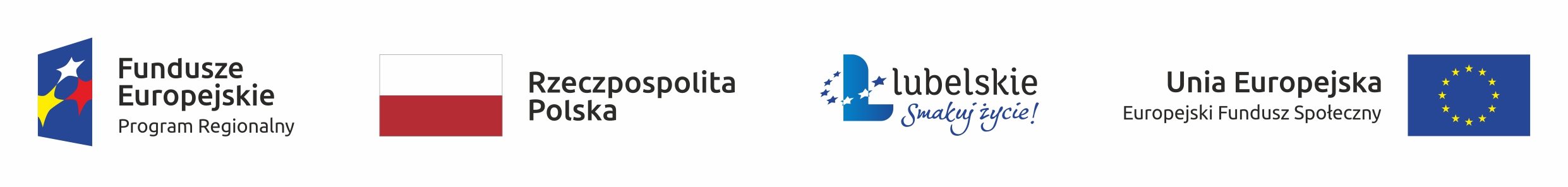 Grafika przedstawia cztery logotypy na białym tle informujące o źródłach dofinansowania. Od lewej: pierwsze logo: trzy gwiazdy ułożone w trójkąt - biała, żółta i czerwona znajdujące się na granatowym czworokącie, napis po prawej stronie: "Fundusze Europejskie Program Regionalny". Drugie logo: Biało-czerwona flaga Polski, napis po prawej stronie: "Rzeczpospolita Polska". Trzecie logo: niebieska litera L otoczona gwiazdami Unii Europejskiej, na lewo napis: "lubelskie Smakuj życie!" Czwarte logo: napis: Unia Europejska Europejski Fundusz Społeczny, na lewo od napisu flaga Unii Europejskiej w postaci dwunastu żółtych gwiazd ułożonych w okrąg na granatowym tle.