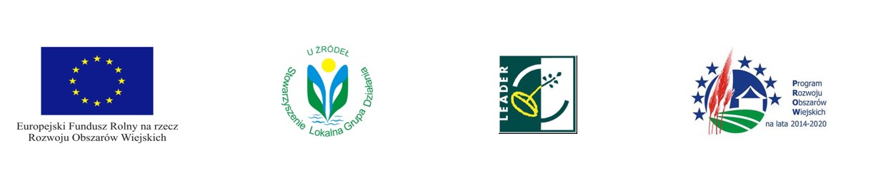 Grafika przedstawia logotypy: Europejskiego Funduszu Rolnego na rzecz Rozwoju Obszarów Wiejskich, Stowarzyszenia Lokalna Grupa Działania "U Źródeł", Leader oraz programu rozwoju obszarów wielskich na lata 2014-2020