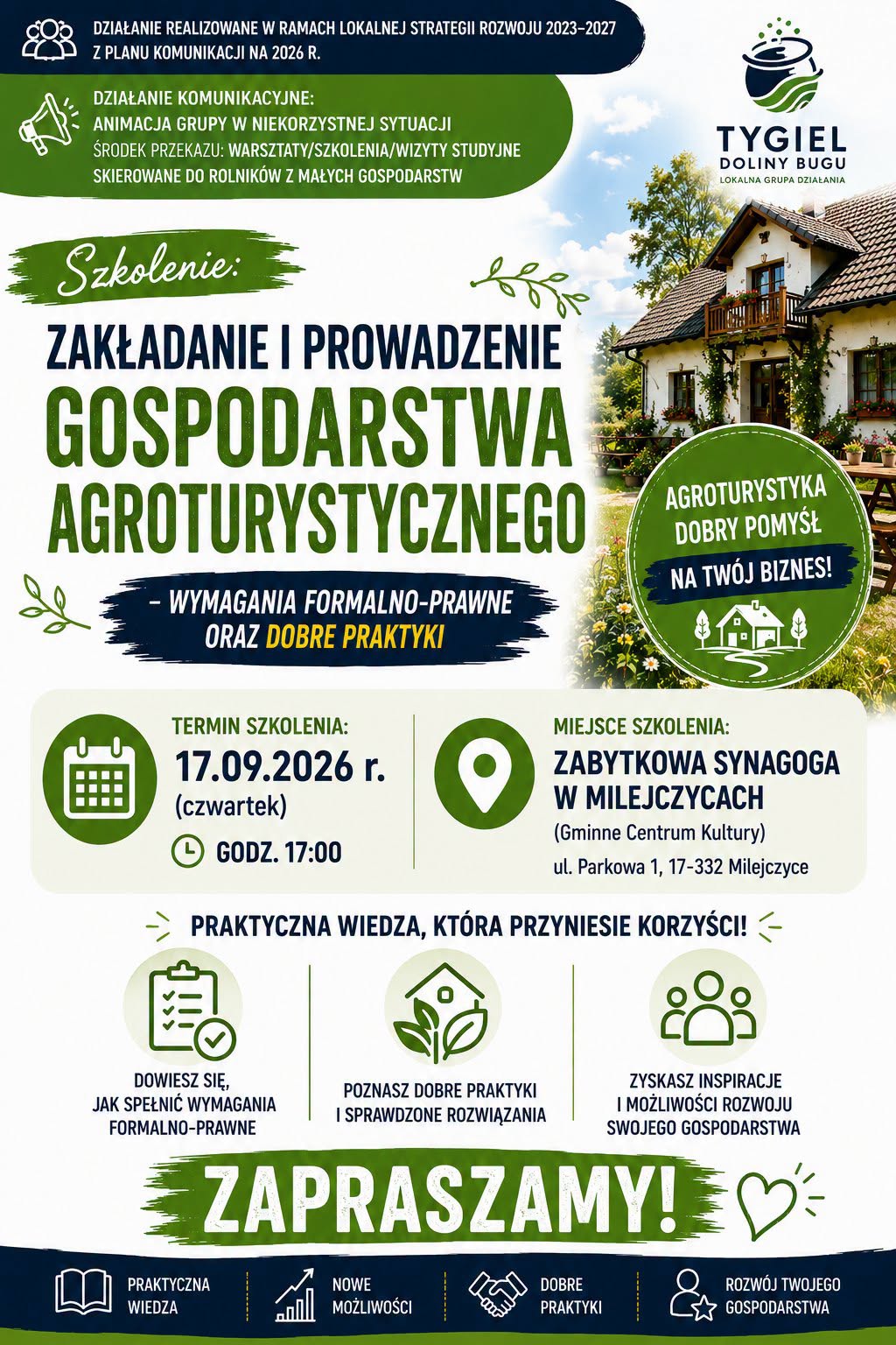 Ulotka dotycząca programu szkoleniowego poświęconego zakładaniu i prowadzeniu działalności agroturystycznej, zawierająca szczegółowe informacje na temat terminu, miejsca oraz wymagań.