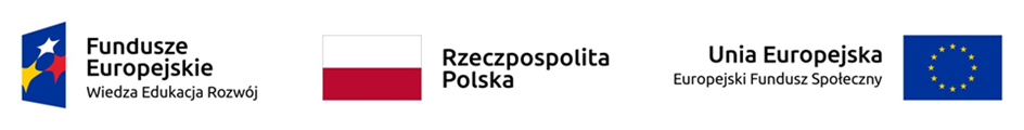Na grafice znajdują się 3 małe grafiki: od lewej grafika Fundusze Europejskie i dopisek Wiedza, Edukacja, Rozwój, na środku flaga Polski wraz z dopiskiem Rzeczpospolita Polska, po prawej flaga Unii z dopiskiem Unia Europejska, Europejski Fundusz Społeczny.