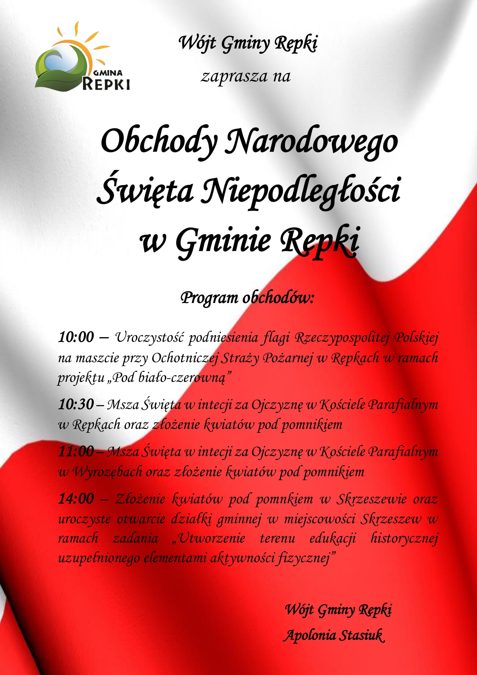 Wójt Gminy Repki zaprasza na onchody Narodowego Święta Niepodległości 11 listopada11 