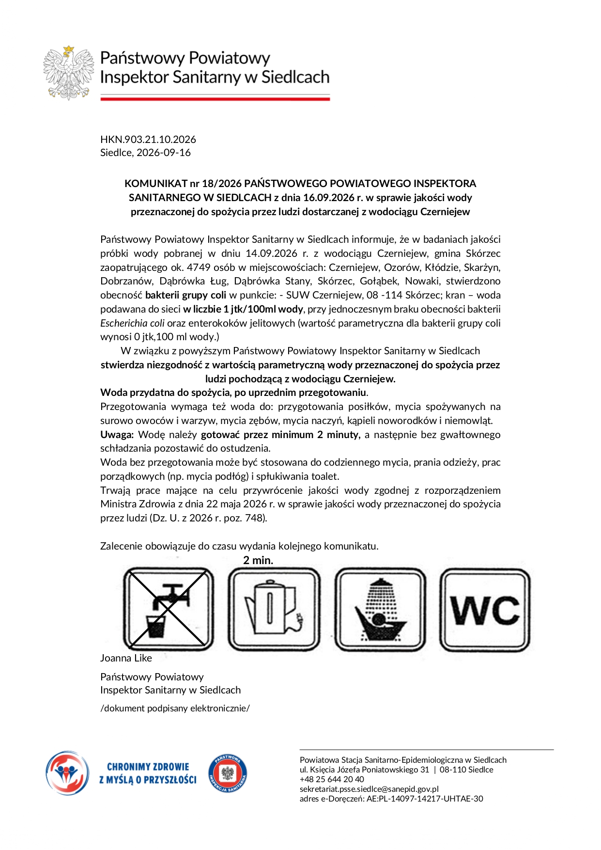 KOMUNIKAT nr 18/2026 PAŃSTWOWEGO POWIATOWEGO INSPEKTORA SANITARNEGO W SIEDLCACH z dnia 16.09.2026 r. 