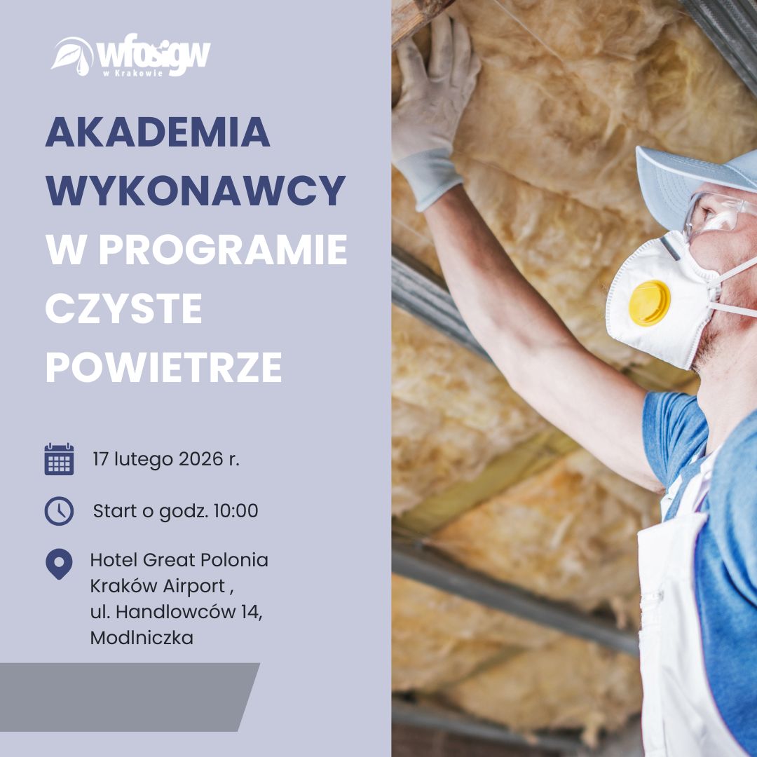 Grafika przedstawia szkolenie skierowane do wykonawców realizujących inwestycje w ramach programu Czyste Powietrze