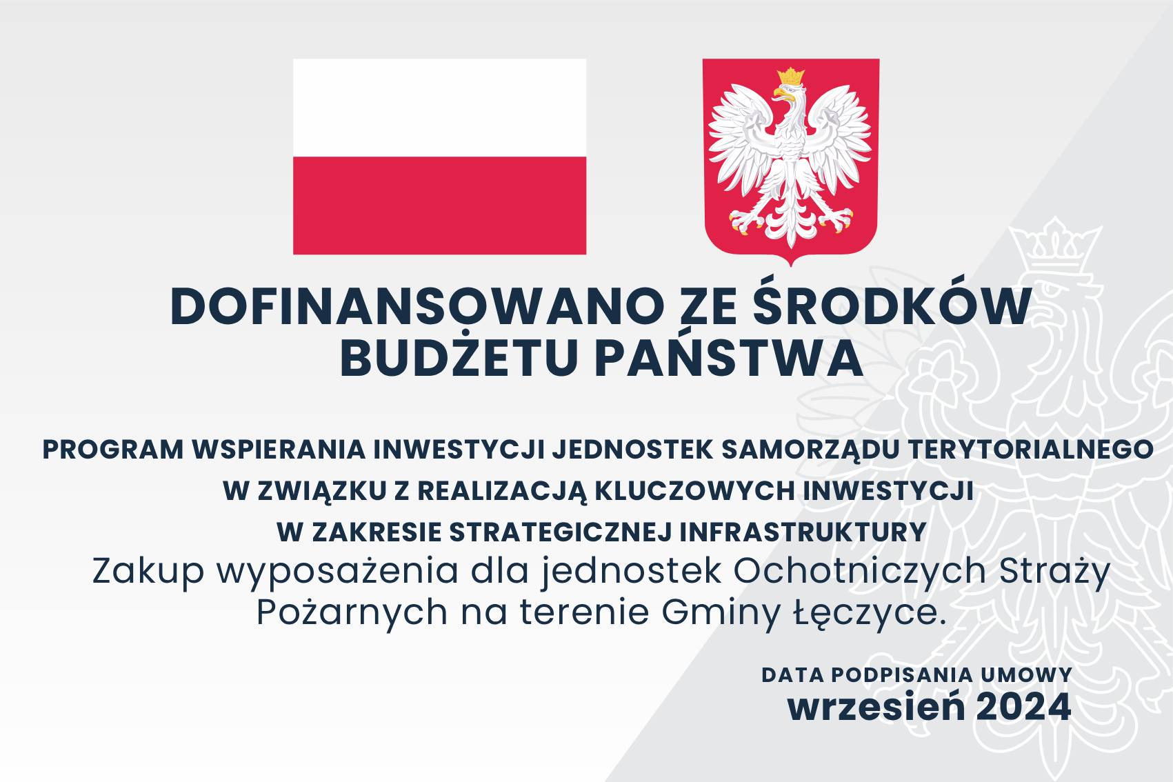 Dofinansowano ze środków budżetu państwa, program wspierania inwestycji jednostek samorządu terytorialnego w związku z realizacją kluczowych inwestycji w zakresie strategicznej infrastruktury, Zakup wyposażenia dla jednostek Ochotniczych Straży Pożarnych na terenie Gminy Łęczyce, data podpisania umowy wrzesień 2024