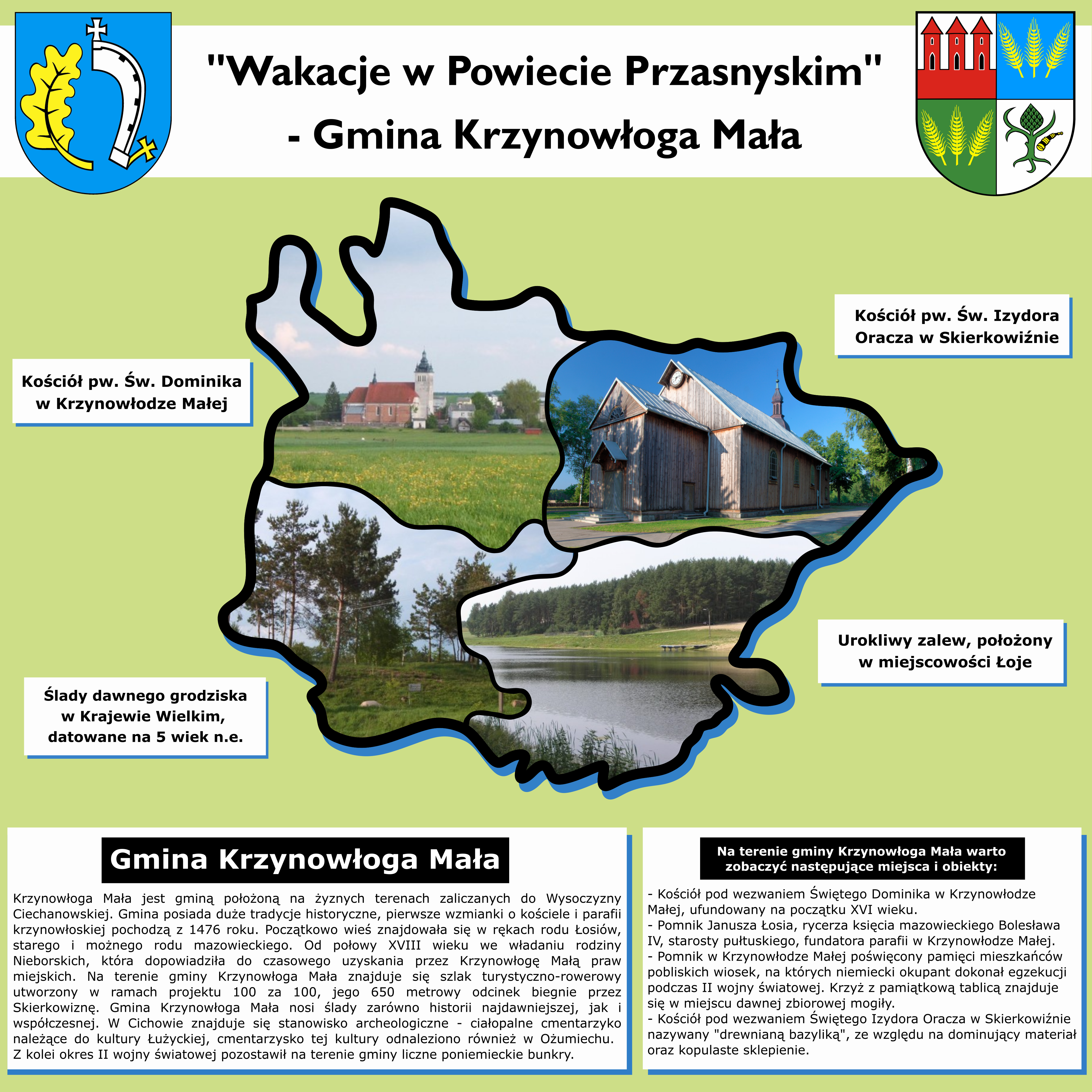 Grafika prezentuje informację o wartych zobaczenia obiektów na terenie gminy Krzynowłoga Mała