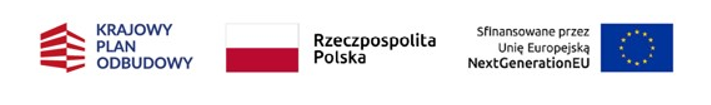 Na białym tle logotypy programu Krajowego Planu Odbudowy z flagą Rzeczpospolitej Polskiej oraz flagi Unii Europejskiej