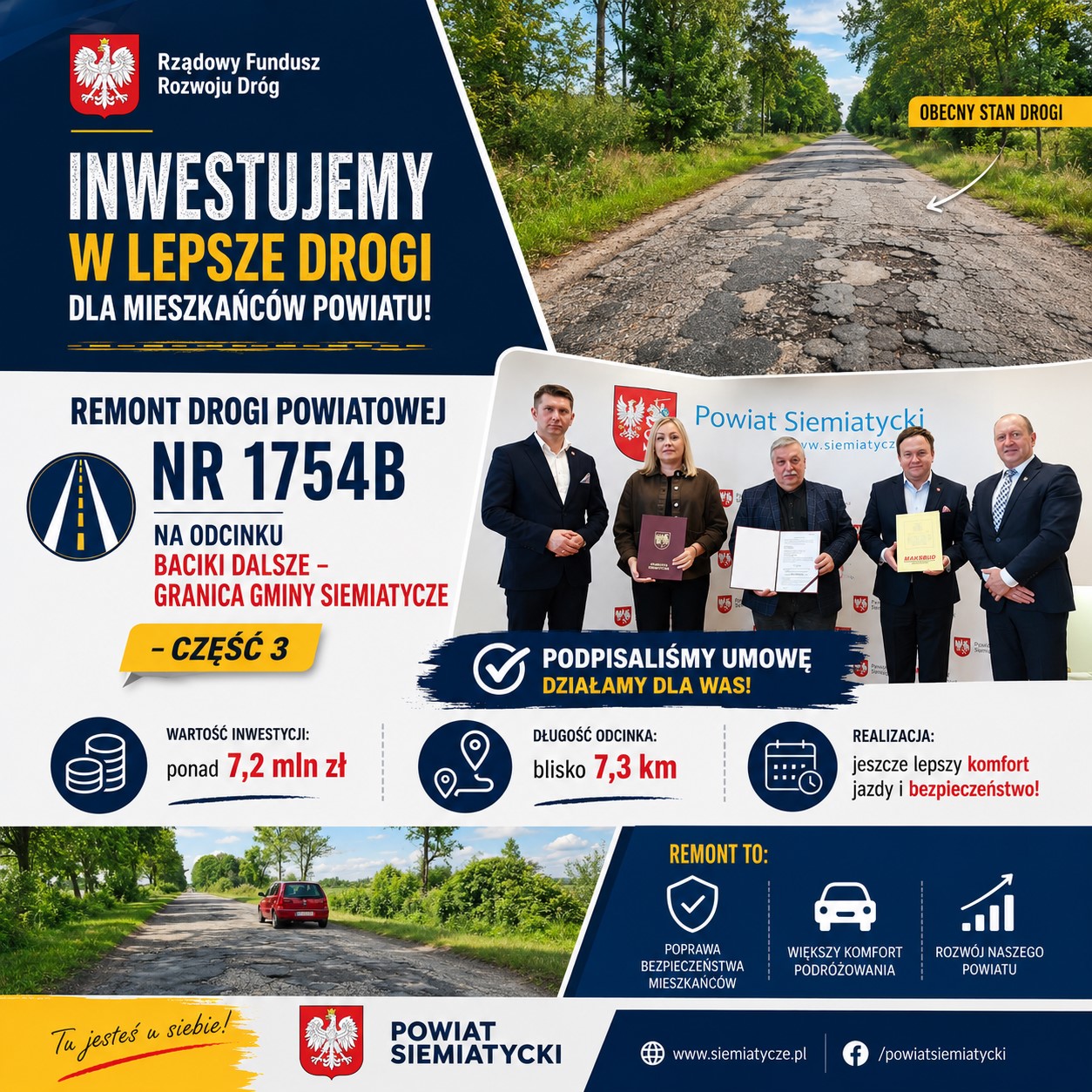 INWESTUJEMY W LEPSZE DROGI DLA MIESZKAŃCÓW POWIATU! REMONT DROGI POWIATOWEJ NR 1754B NA ODCINKU BACIKI DALSZE – GRANICA GMINY SIEMIATYCZE – CZĘŚĆ 3 PODPISALIŚMY UMOWĘ DZIAŁAMY DLA WAS! WARTOŚĆ INWESTYCJI: ponad 7,2 mln zł DŁUGOŚĆ ODCINKA: blisko 7,3 km REALIZACJA: jeszcze lepszy komfort jazdy i bezpieczeństwo! REMONT TO: POPRAWA BEZPIECZEŃSTWA MIESZKAŃCÓW WIĘKSZY KOMFORT PODRÓŻOWANIA ROZWÓJ NASZEGO POWIATU