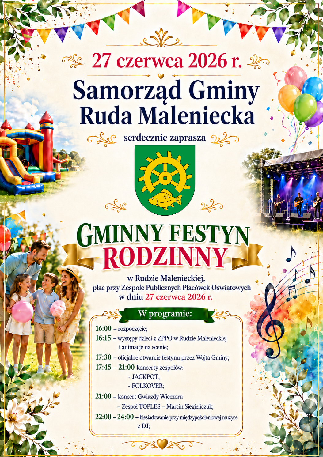 Plakat informujący o Gminnym Festynie Rodzinnym w Rudzie Malenieckiej, który odbędzie się 27 czerwca 2026 roku. Organizatorem jest Samorząd Gminy Ruda Maleniecka. W programie przewidziano m.in. występy dzieci, oficjalne otwarcie przez Wójta, koncerty zespołów Jackpot, Folkover oraz gwiazdy wieczoru – zespołu Toples (Marcin Siegieńczuk), a także biesiadowanie z DJ-em.