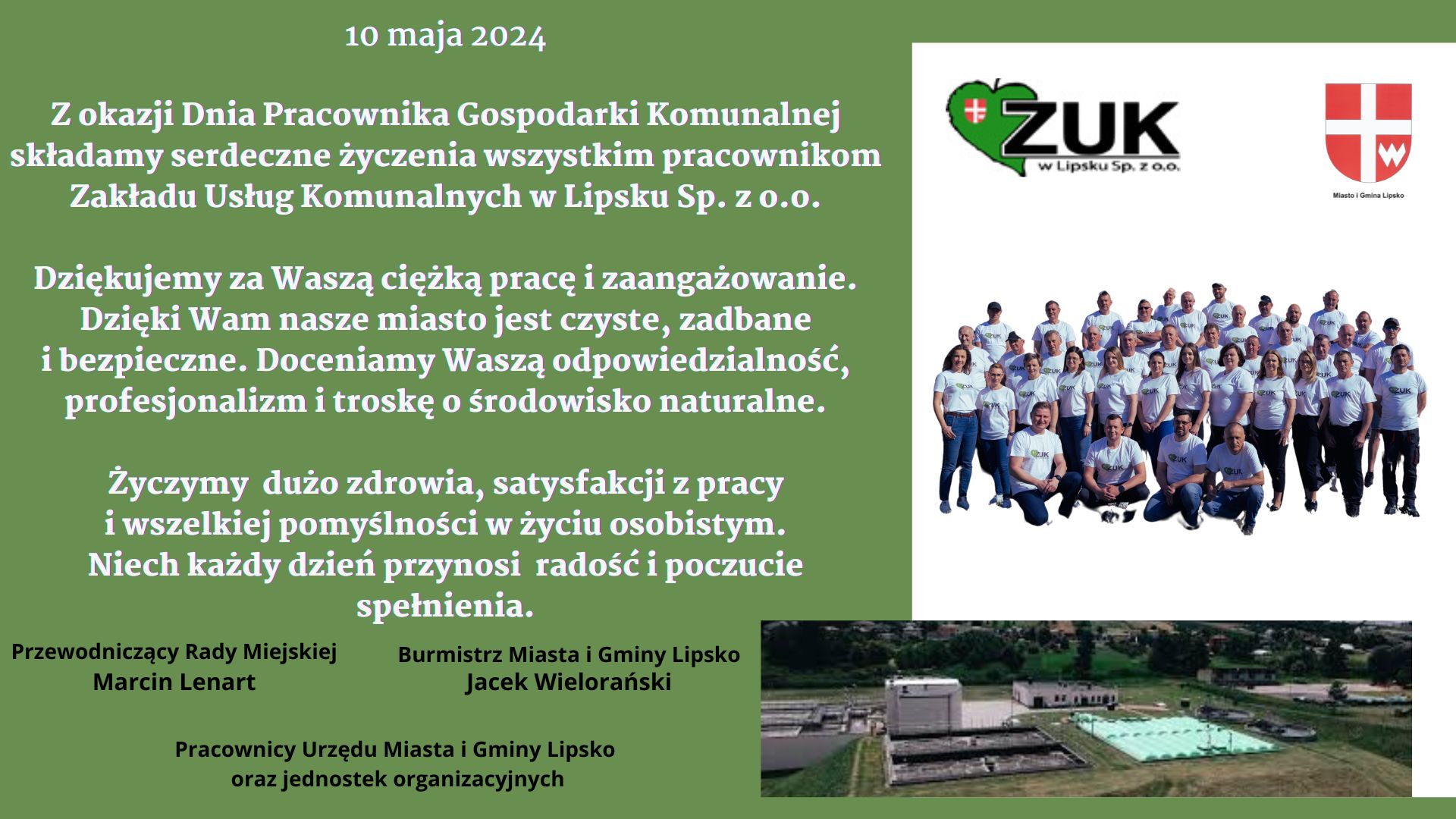 Zdjęcie przedstawia pracowników Zakładu Usług Komunalnych w Lipsku Sp. z o.o oraz tekst życzeń z okazji Dnia Pracownika Gospodarki Komunalnej.