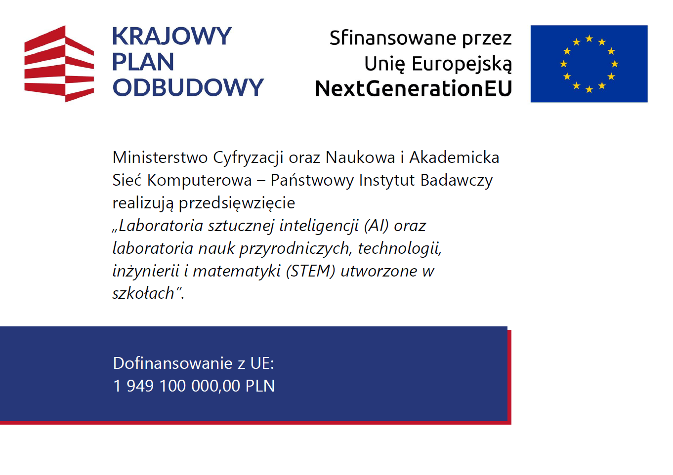 KRAJOWY PLAN ODBUDOWY Sfinansowane przez Unię Europejską NextGenerationEU Ministerstwo Cyfryzacji oraz Naukowa i Akademicka Sieć Komputerowa – Państwowy Instytut Badawczy realizują przedsięwzięcie „Laboratoria sztucznej inteligencji (AI) oraz laboratoria nauk przyrodniczych, technologii, inżynierii i matematyki (STEM) utworzone w szkołach”. Dofinansowanie z UE: 1 949 100 000,00 PLN