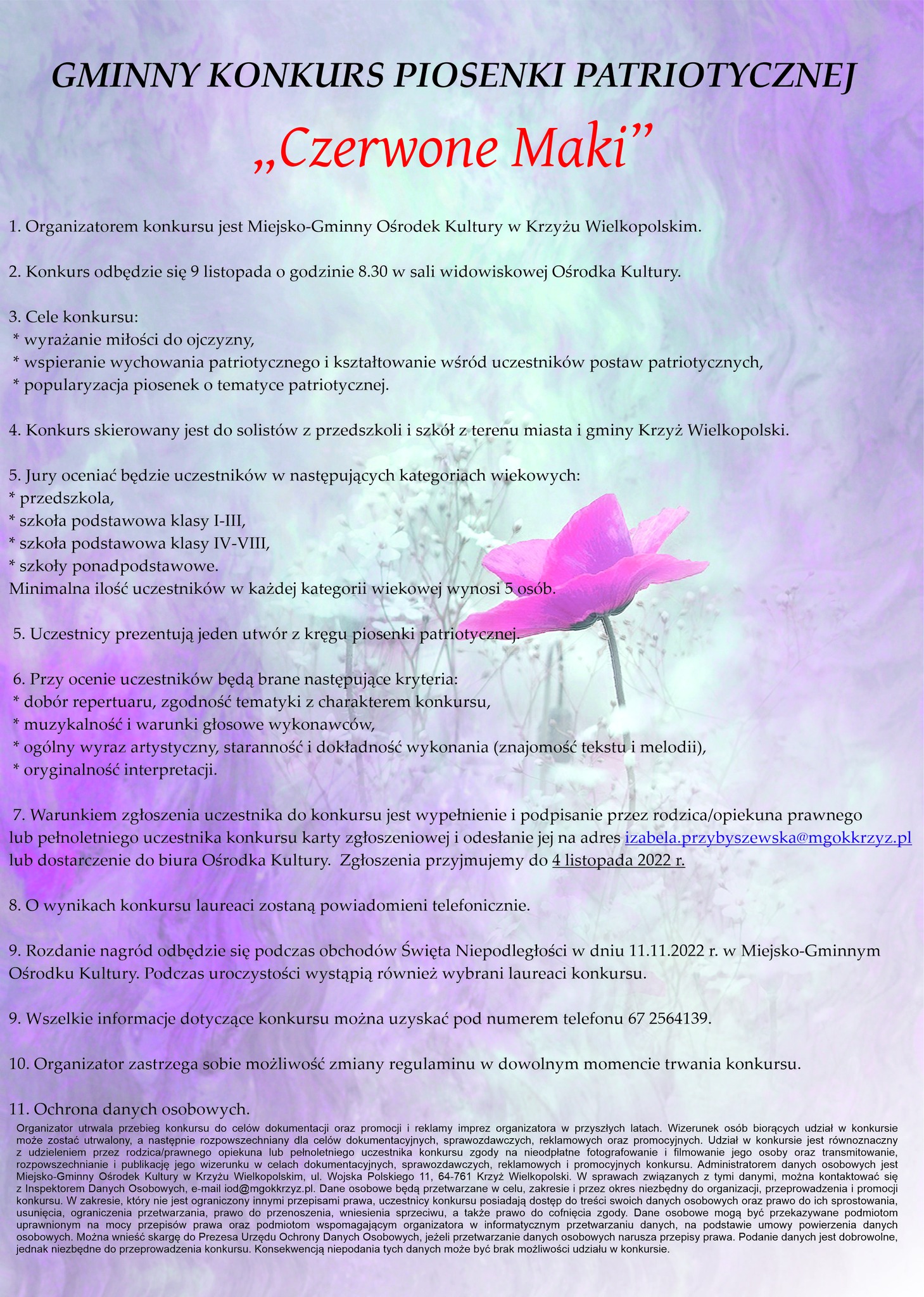 Konkurs piosenki patriotycznej "Czerwone Maki". Zgłoszenia do 04.11.2022 na adres izabela.przybyszewska@mgokkrzyz.pl. Konkurs 09.11.2022 o godz 8.30 w MGOK. Więcej informacji pod nr 672564139