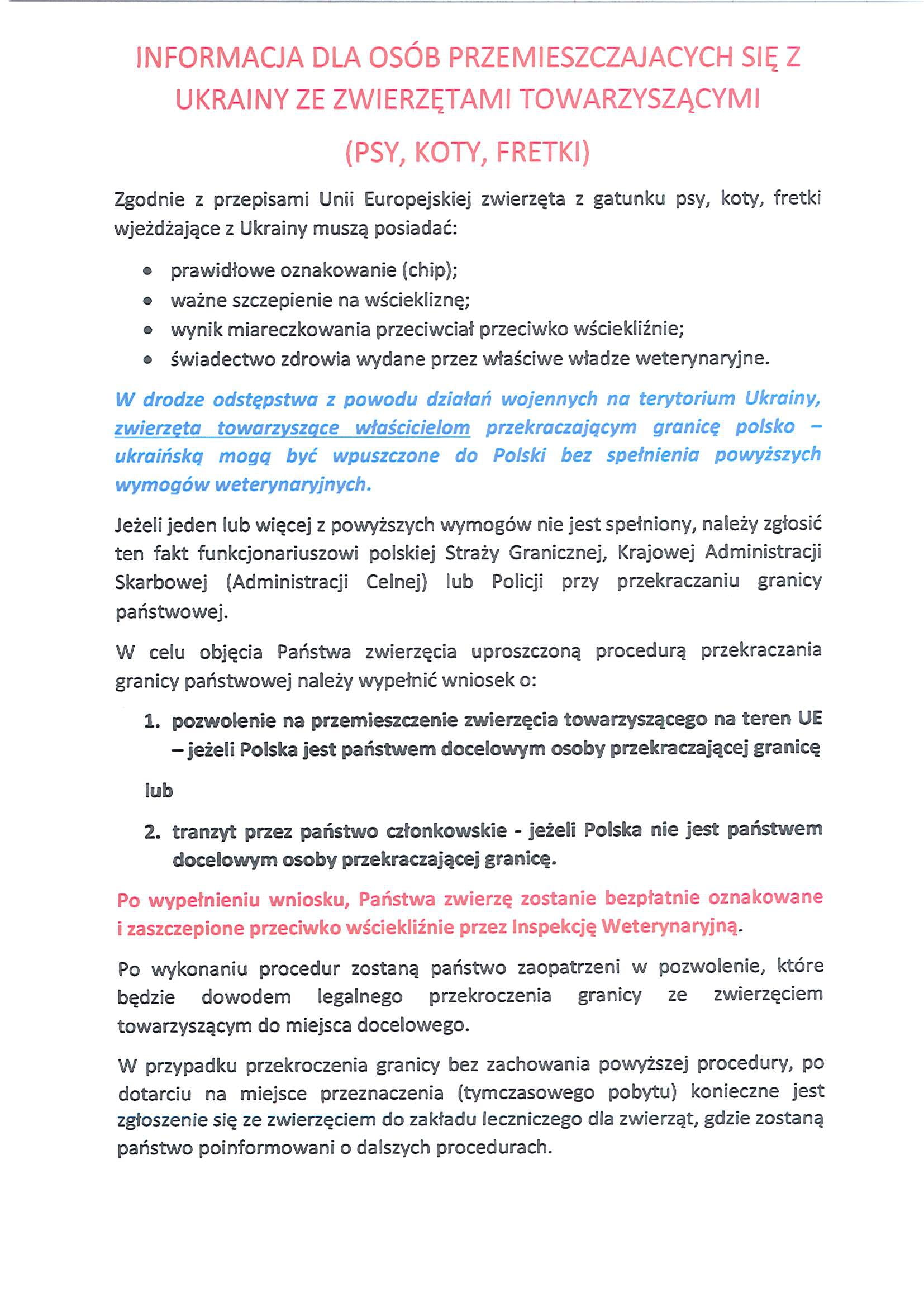 Informacja dla osób przemieszczających się z Ukrainy ze zwierzętami towarzyszącymi