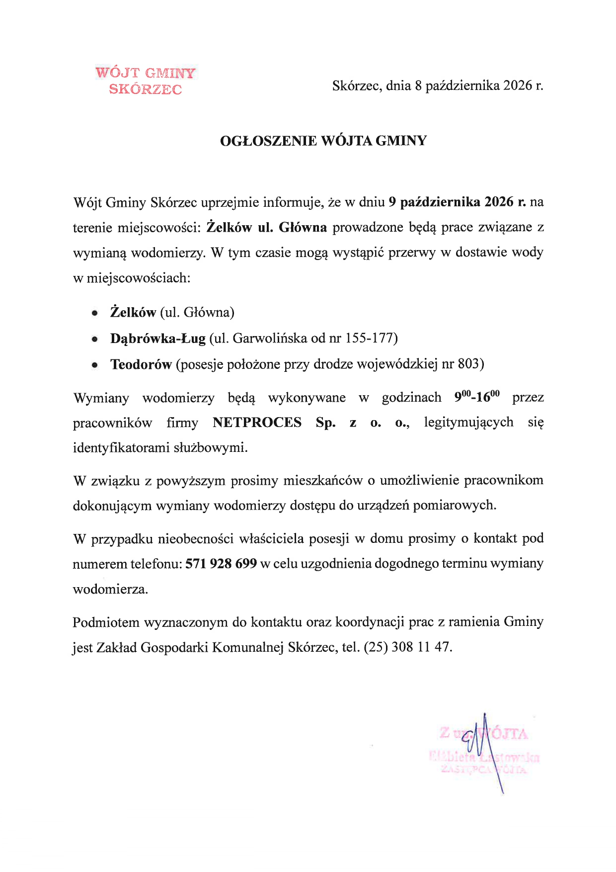 Wymiana wodomierzy Żelków I, Dąbrówka-Ług, Teodorów - 9 października 2026 r.