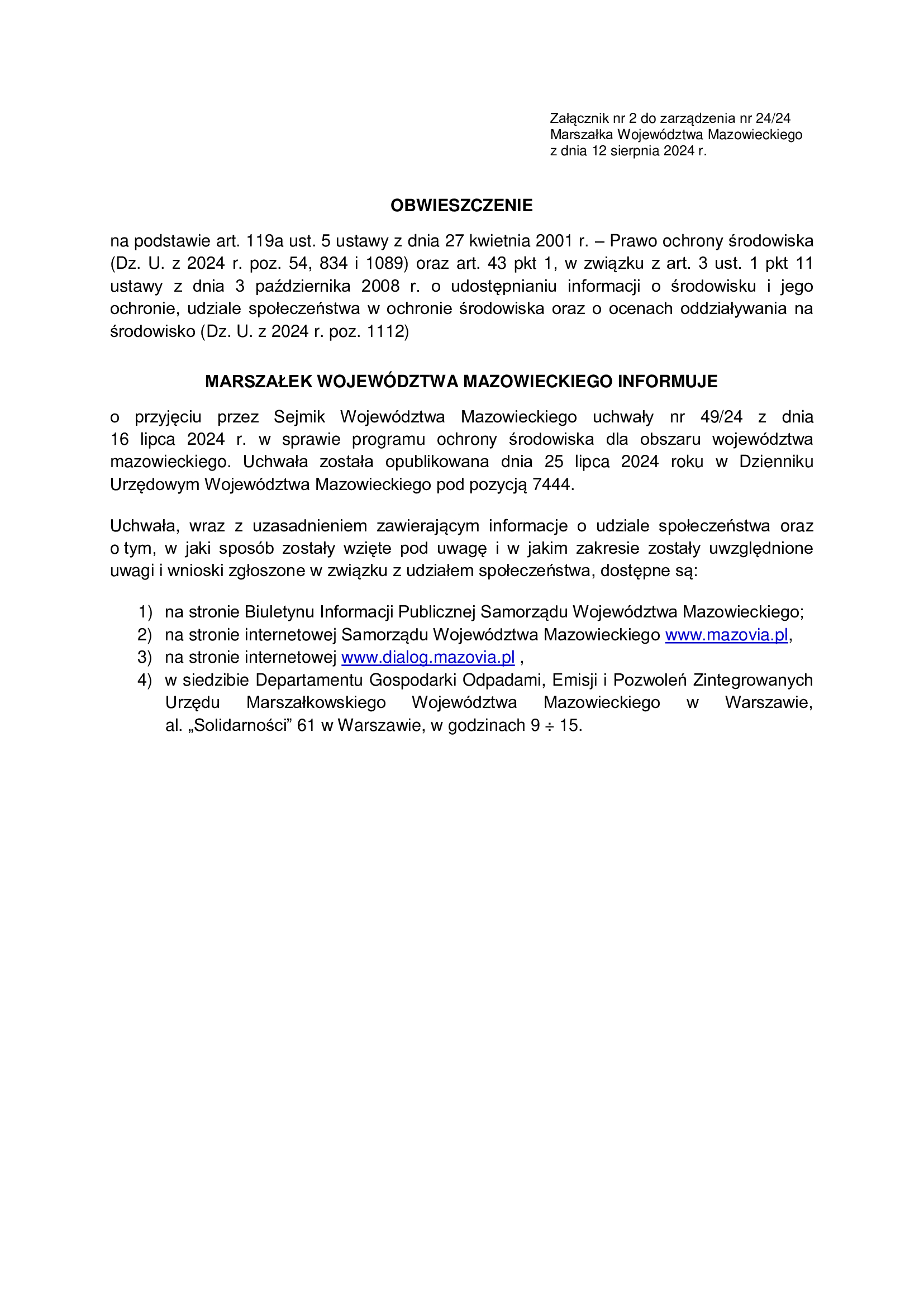 Obwieszczenie Marszałka Województwa Mazowieckiego 