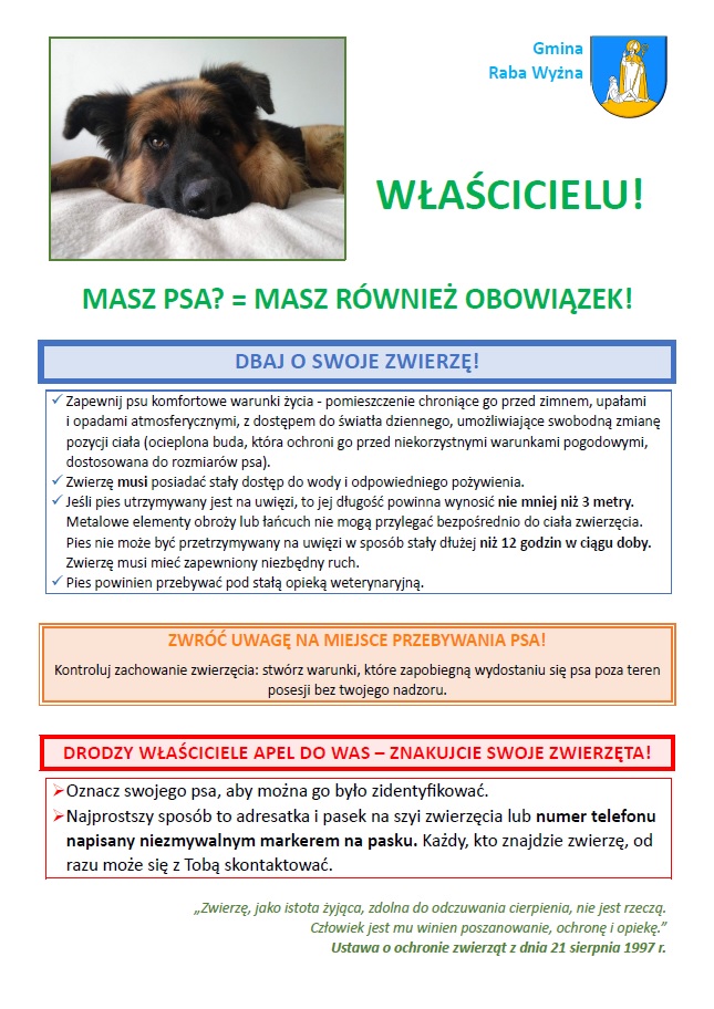 Plakat informacyjny o obowiązkach właścicieli zwierząt