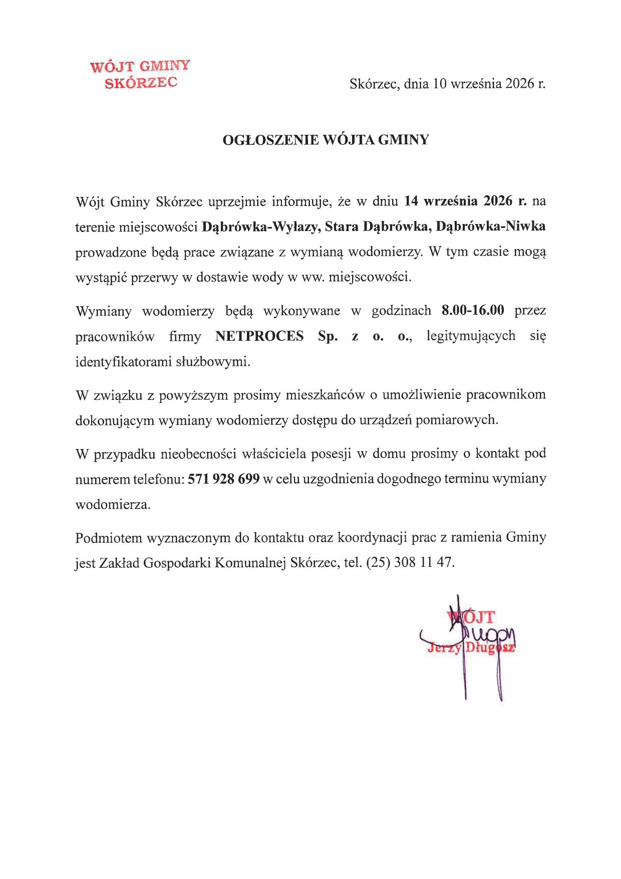 Wymiana wodomierzy Dąbrówka-Wyłazy, Stara Dąbrówka, Dąbrówka-Niwka 