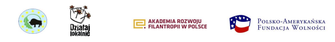 Logotypy: ikona Stowarzyszenia Samorządów Euroregionu Puszcza Białowieska, logo Działaj Lokalnie, logo Akademii Rozwoju Filantropii oraz logo Polsko - Amerykańskiej Fundacji Wolności