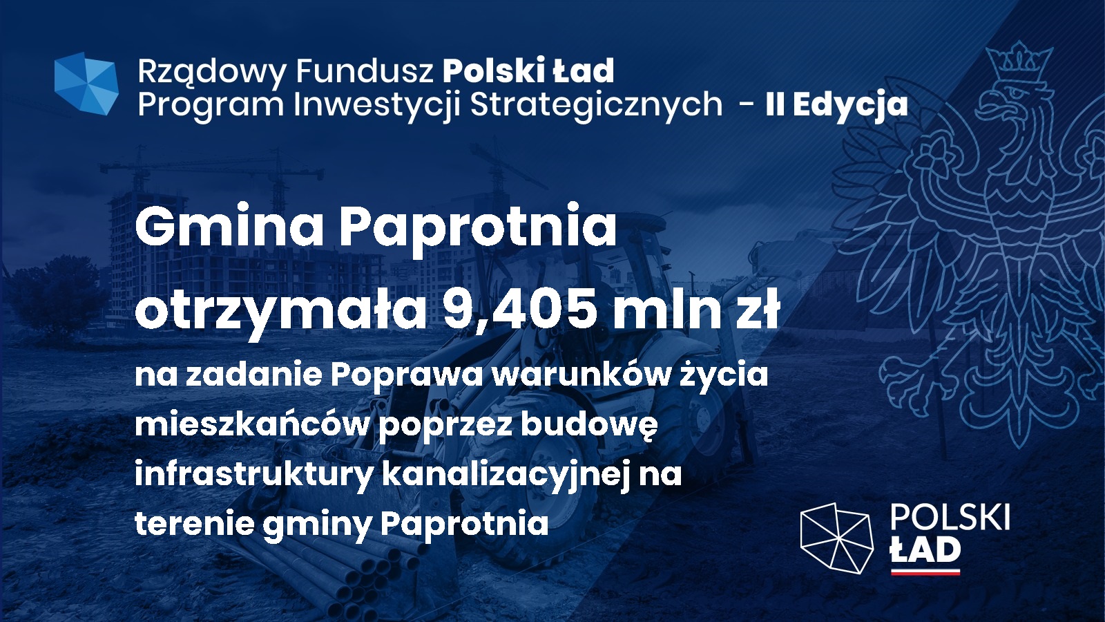 Rządowy Fundusz Polski Ład Program Inwestycji Strategicznych - II edycja Gmina Paprotnia otrzymała 9,405 mln zł na zadanie Poprawa warunków życia mieszkańców poprzez budowę infrastruktury kanalizacyjnej na terenie gminy Paprotnia