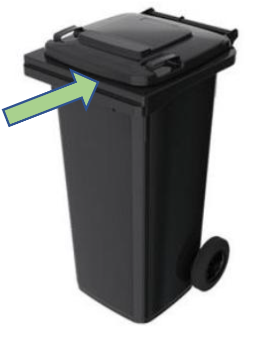 Pojemnik na odpady zmieszane ze strzałką wskazującą miejsce oznakowania normy