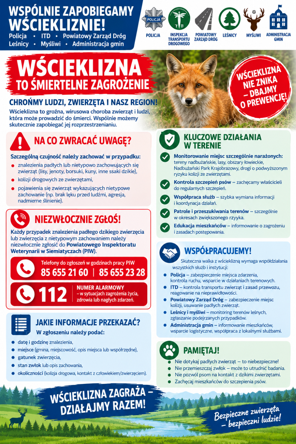 Polski plakat poświęcony zapobieganiu wściekliźnie, przedstawiający lisa rudego, logo instytucji publicznych, instrukcje dotyczące zgłaszania przypadków, wskazówki dotyczące bezpieczeństwa oraz leśny krajobraz. Tekst transkrypcji: WSPÓLNIE ZAPOBIEGAMY WŚCIEKLIŹNIE! Policja • ITD • Powiatowy Zarząd Dróg Leśnicy • Myśliwi • Administracja gmin POLICJA INSPEKCJA TRANSPORTU DROGOWEGO POWIATOWY ZARZĄD DRÓG LEŚNICY MYŚLIWI ADMINISTRACJA GMIN WŚCIEKLIZNA TO ŚMIERTELNE ZAGROŻENIE CHROŃMY LUDZI, ZWIERZĘTA I NASZ REGION! Wścieklizna to groźna, wirusowa choroba zwierząt i ludzi, która może prowadzić do śmierci. Wspólnie możemy skutecznie zapobiegać jej rozprzestrzenianiu. WŚCIEKLIZNA NIE ZNIKA – DBAJMY O PREWENCJĘ! NA CO ZWRACAĆ UWAGĘ? Szczególną czujność należy zachować w przypadku: • znalezienia padłych lub nietypowo zachowujących się zwierząt (lisy, jenoty, borsuki, kuny, inne ssaki dzikie), • kolizji drogowych ze zwierzętami, • pojawienia się zwierząt wykazujących nietypowe zachowanie (np. brak lęku przed ludźmi, agresja, nadmierne ślinienie). NIEZWŁOCZNIE ZGŁOŚ! Każdy przypadek znalezienia padłego dzikiego zwierzęcia lub zwierzęcia z nietypowym zachowaniem należy niezwłocznie zgłosić do Powiatowego Inspektoratu Weterynarii w Siemiatyczach (PIW). Telefony do zgłoszeń w godzinach pracy PIW 85 655 21 60 | 85 655 23 28 NUMER ALARMOWY 112 – w sytuacjach zagrożenia życia, zdrowia lub nagłych zdarzeń. JAKIE INFORMACJE PRZEKAZAĆ? W zgłoszeniu należy podać: • datę i godzinę znalezienia, • miejsce (gmina, miejscowość, opis miejsca lub współrzędne), • gatunek zwierzęcia, • stan zwłok lub opis zachowania, • okoliczności (kolizja drogowa, kontakt z człowiekiem/zwierzęciem). KLUCZOWE DZIAŁANIA W TERENIE Monitorowanie miejsc szczególnie narażonych: tereny nadbużańskie, lasy, obszary łowieckie, Nadbużański Park Krajobrazowy, drogi o podwyższonym ryzyku kolizji ze zwierzętami. Kontrola szczepień psów – zachęcamy właścicieli do regularnych szczepień. Współpraca służb – szybka wymiana informacji i koordynacja działań. Patrole i przeszukiwania terenów – szczególnie w okresach zwiększonego ryzyka. Edukacja mieszkańców – informowanie o zagrożeniu i zasadach postępowania. WSPÓŁPRACUJEMY!