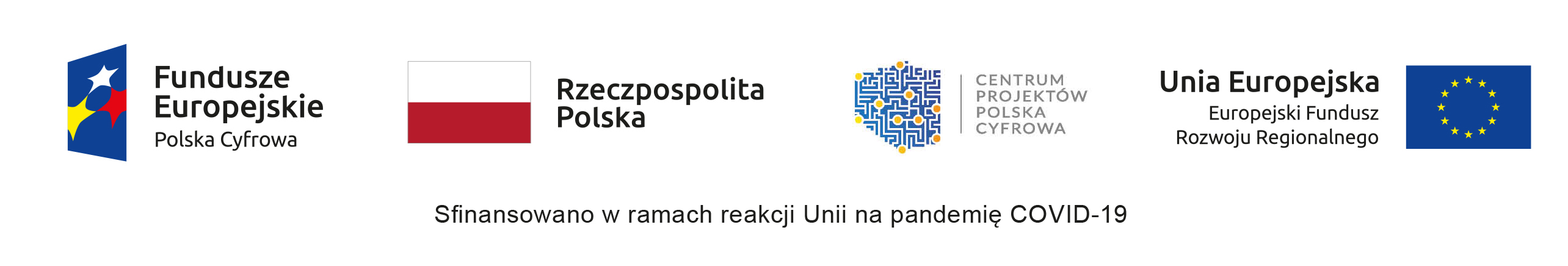 ciąg znaków: Znaku Funduszy Europejskich (FE), Znaku barw Rzeczypospolitej Polskiej (znak barw RP) oraz Znaku Unii Europejskiej (UE). Z napisem "Sfinansowano w ramacj reakcji Unii na pandemię COVID-19