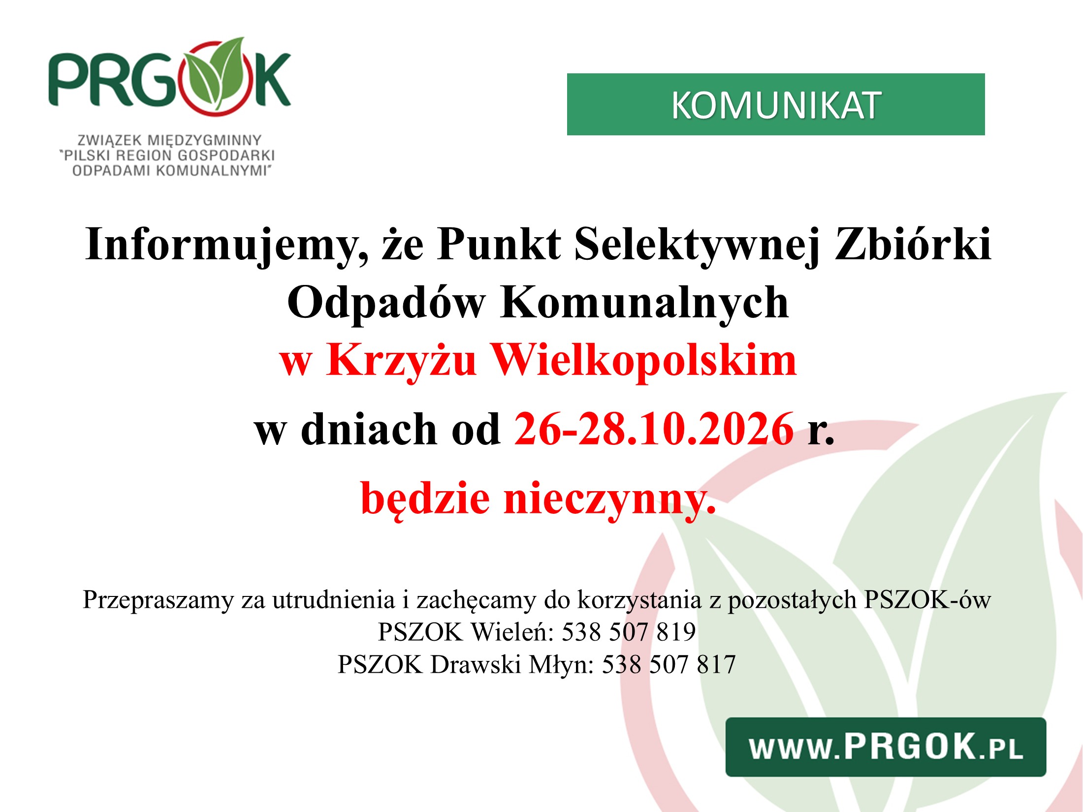 PSZOK nieczynny 26-28.10.2026