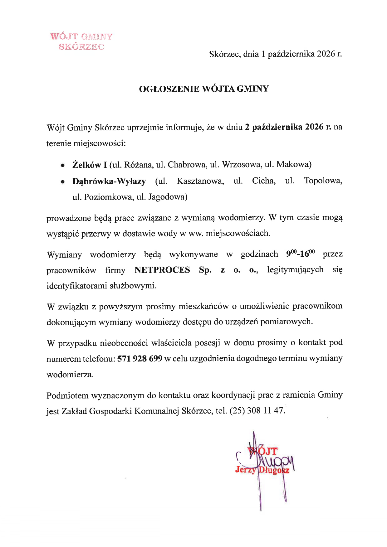 Wymiana wodomierzy - Dąbrówka-Wyłazy, Żelków I - 1 października 2026 r.