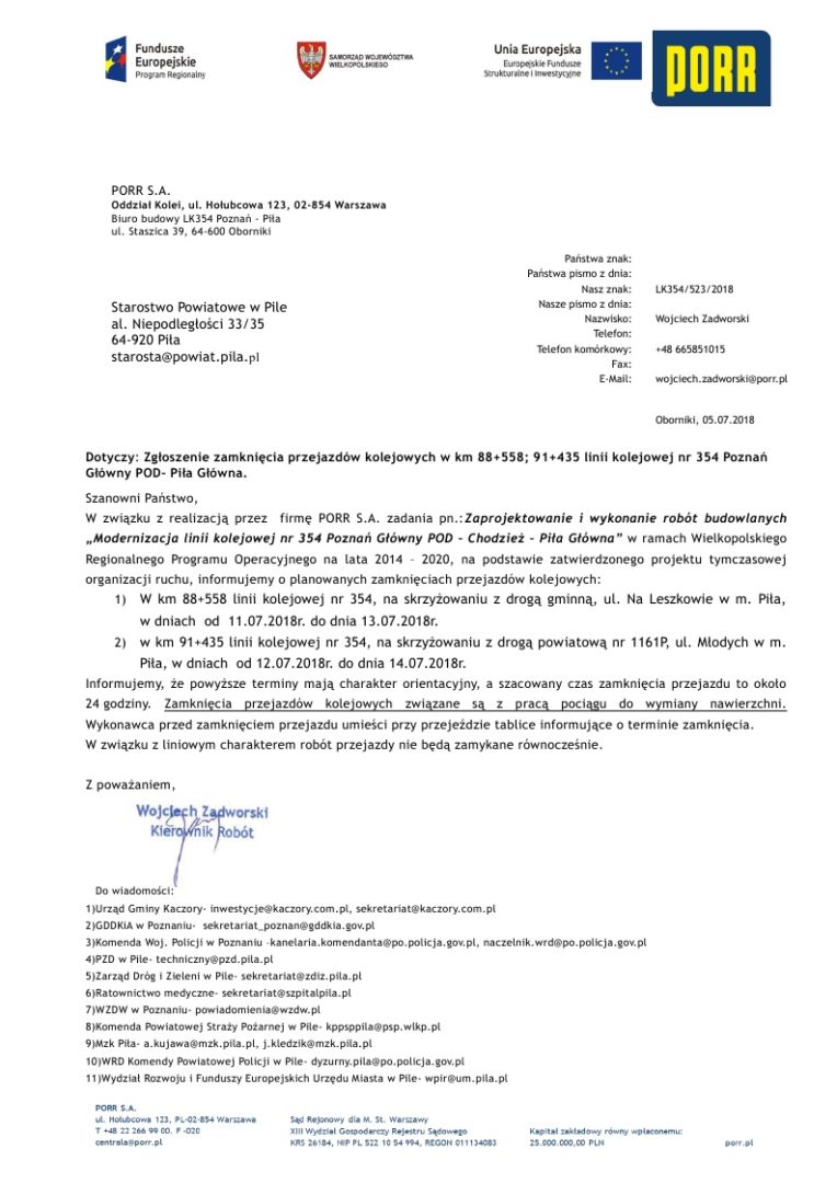 Informacja – zamknięcia przejazdów kolejowych