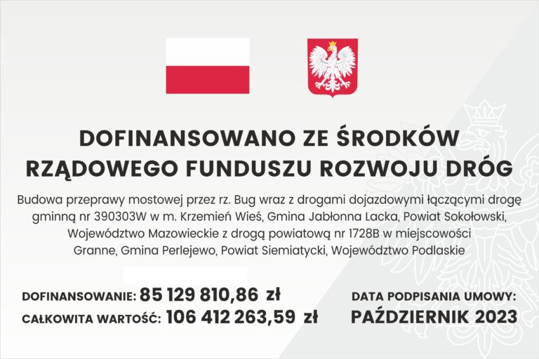 Baner z flagą Polski, herbem i tekstem dotyczącym lokalnego projektu inwestycyjnego. Tekst transkrypcji: DOFINANSOWANO ZE ŚRODKÓW RZĄDOWEGO FUNDUSZU ROZWOJU DRÓG Budowa przeprawy mostowej przez rz. Bug wraz z drogami dojazdowymi łączącymi drogę gminną nr 390303W w m. Krzemień Wieś, Gmina Jabłonna Lacka, Powiat Sokołowski, Województwo Mazowieckie z drogą powiatową nr 1728B w miejscowości Granne, Gmina Perlejewo, Powiat Siemiatycki, Województwo PodlaskieDOFINANSOWANIE: 85 129 810,86 zł CAŁKOWITA WARTOŚĆ: 106 412 263,59 zł DATA PODPISANIA UMOWY: PAŹDZIERNIK 2023
