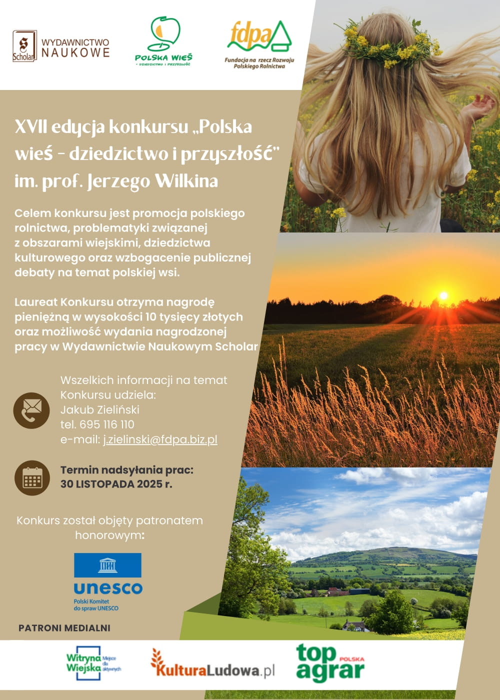 plakat informujący o konkursie XVII edycja konkursu ,,Polska wieś - dziedzictwo i przyszłość’’im. prof. Jerzego Wilkina. Szczegóły w załączonym pliku pdf