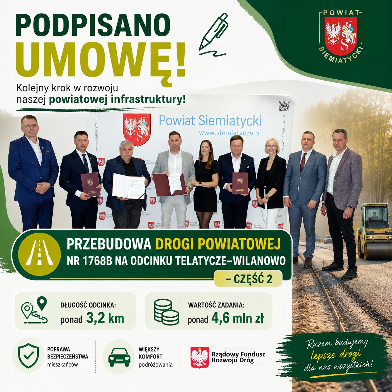 "PODPISANO UMOWĘ! Kolejny krok w rozwoju naszej powiatowej infrastruktury! Przebudowa drogi powiatowej nr 1768B na odcinku Telatycze-Wilanowo – część 2 Długość odcinka: ponad 3,2 km Wartość zadania: ponad 4,6 mln zł Poprawa bezpieczeństwa mieszkańców Większy komfort podróżowania Rządowy Fundusz Rozwoju Dróg Razem budujemy lepsze drogi dla nas wszystkich!"