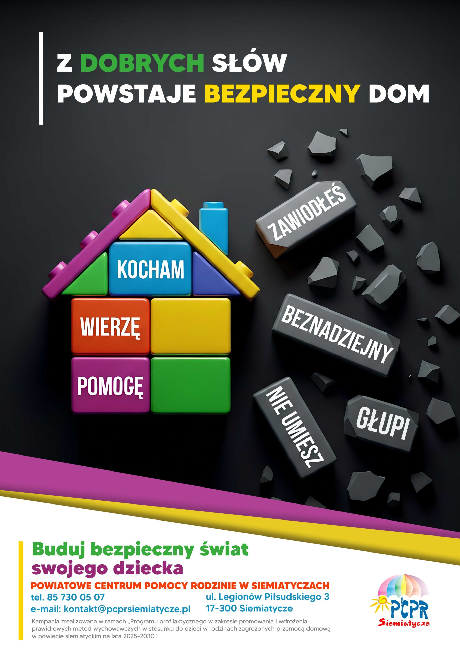 Kolorowy dom z klocków z pozytywnymi słowami po lewej stronie; szare klocki z negatywnymi słowami po prawej stronie.