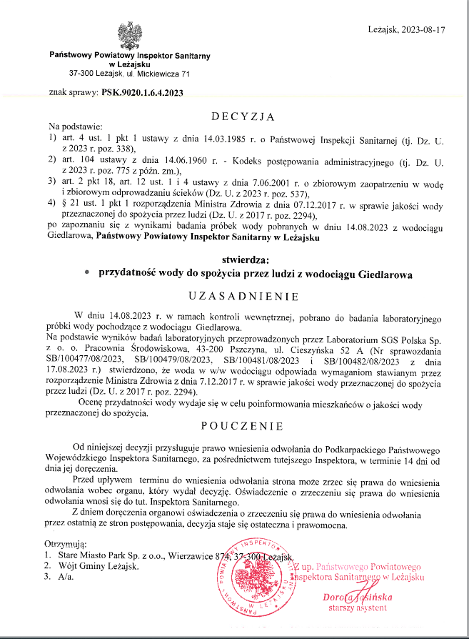 Decyzja w sprawie przydatności wody do spożycia z wodociągu Giedlarowa