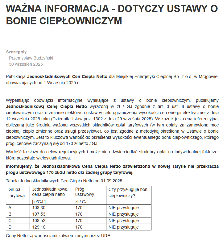 Bon ciepłowniczy - ważna informacja