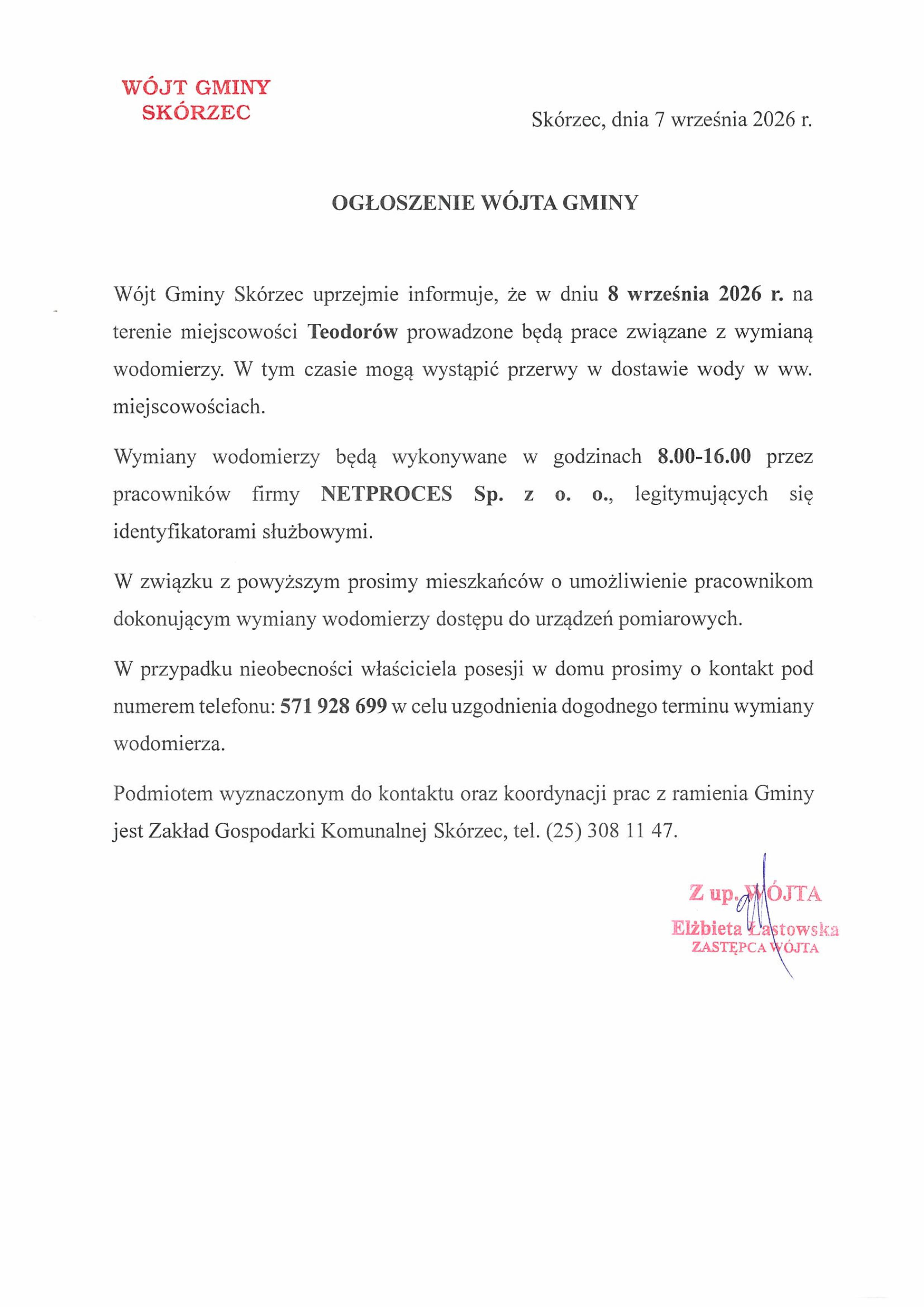 Wymiana wodomierzy Teodorów - 8 września