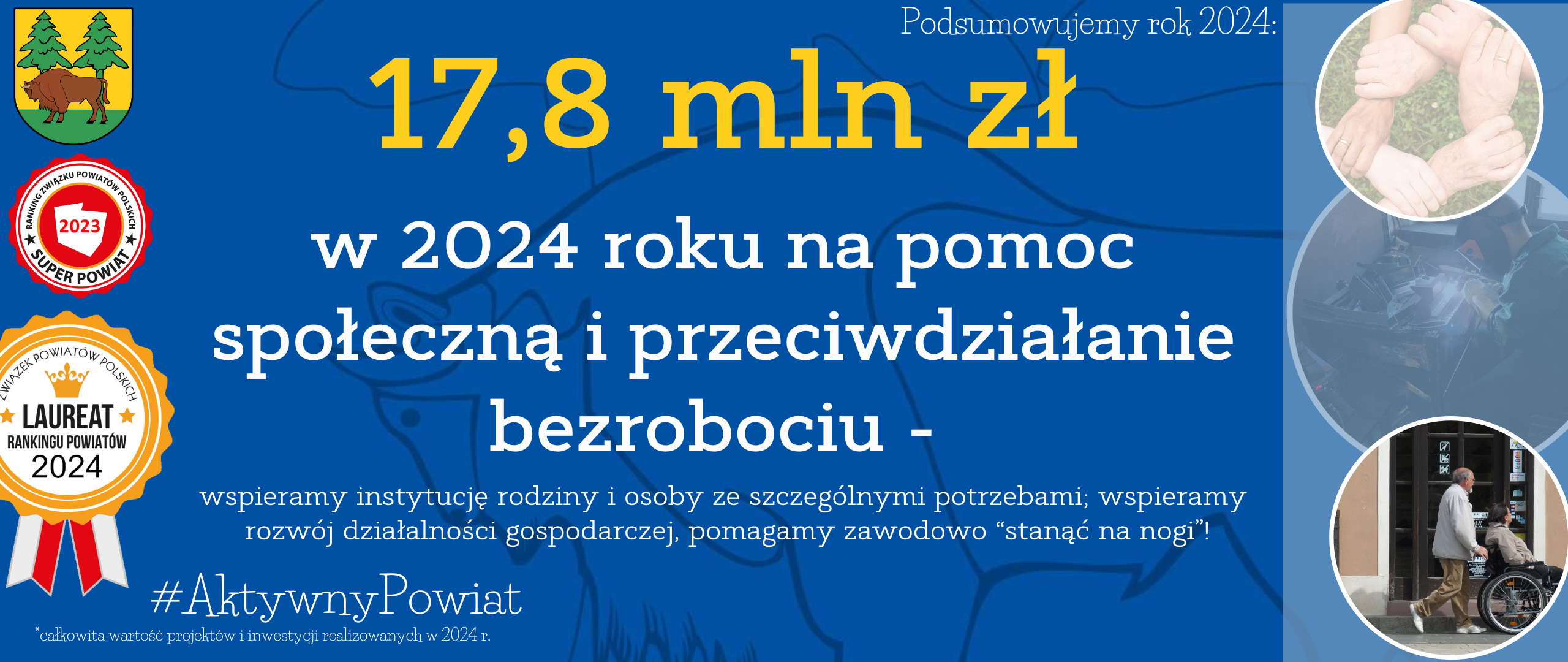 17,8 mln zł w 2024 roku na pomoc społeczną i przeciwdziałanie bezrobociu - wspieramy instytucję rodziny i osoby ze szczególnymi potrzebami; wspieramy rozwój działalności gospodarczej, pomagamy zawodowo “stanąć na nogi”!