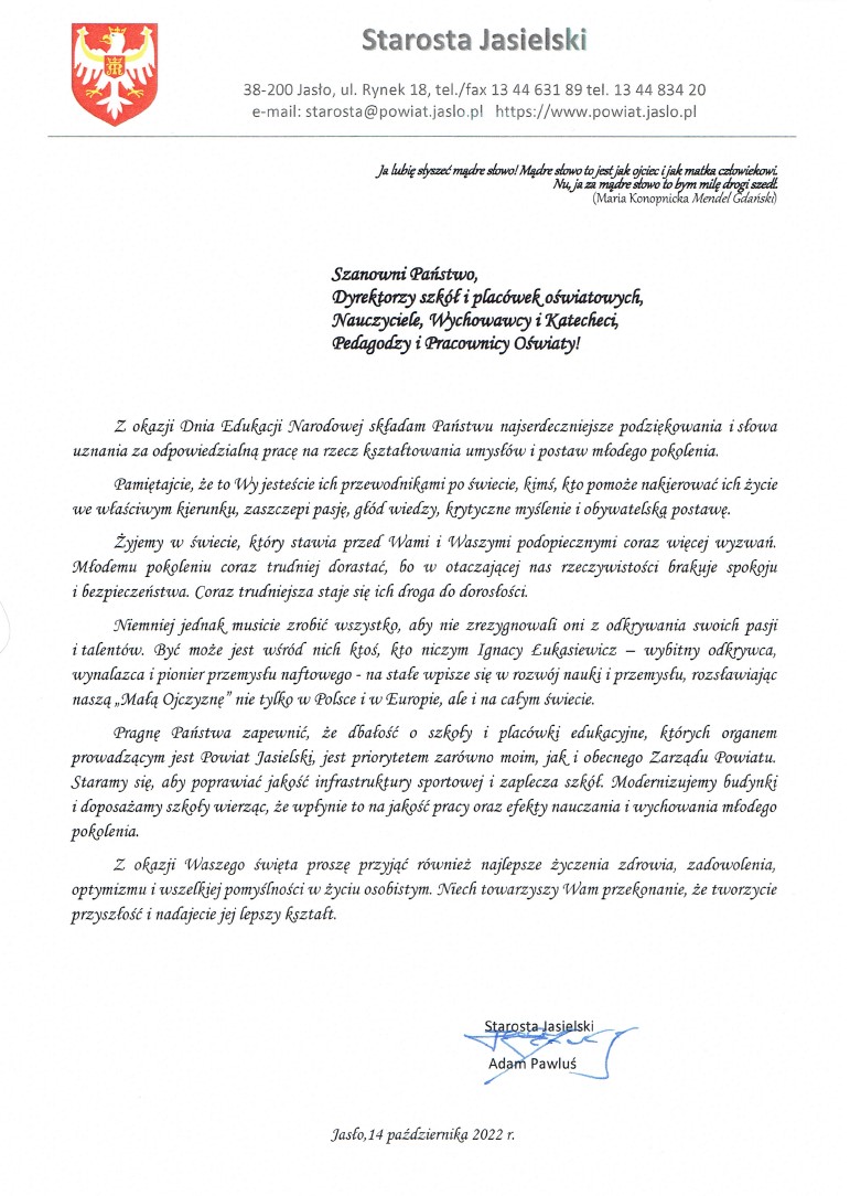 List Starosty Jasielskiego