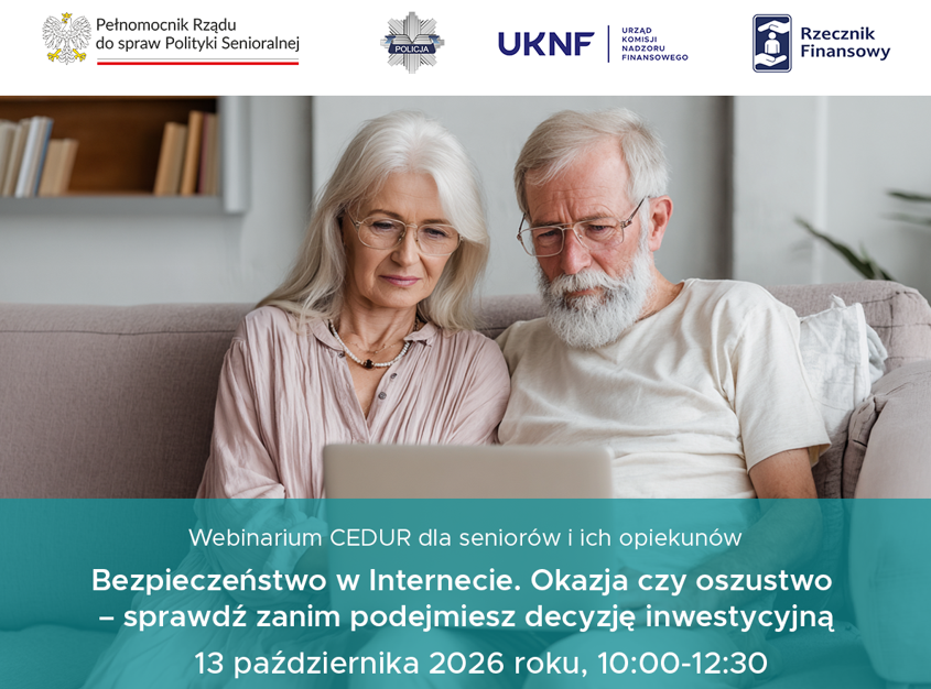 Plakat dot. webinarium dla Seniorów. W górnej części logo organizatorów. Poniżej ilustracja przedstawiająca parę seniorów pracujących na laptopie. W dolnej części ilustracji nazwa oraz data i godzina webinarium. Pod ilustracją opisany główny cel webinarium oraz sposób zgłoszenia uczestnictwa.