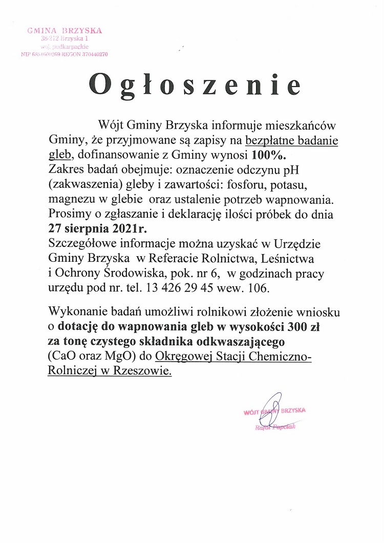 Ogłoszenie Wójta Gminy Brzyska