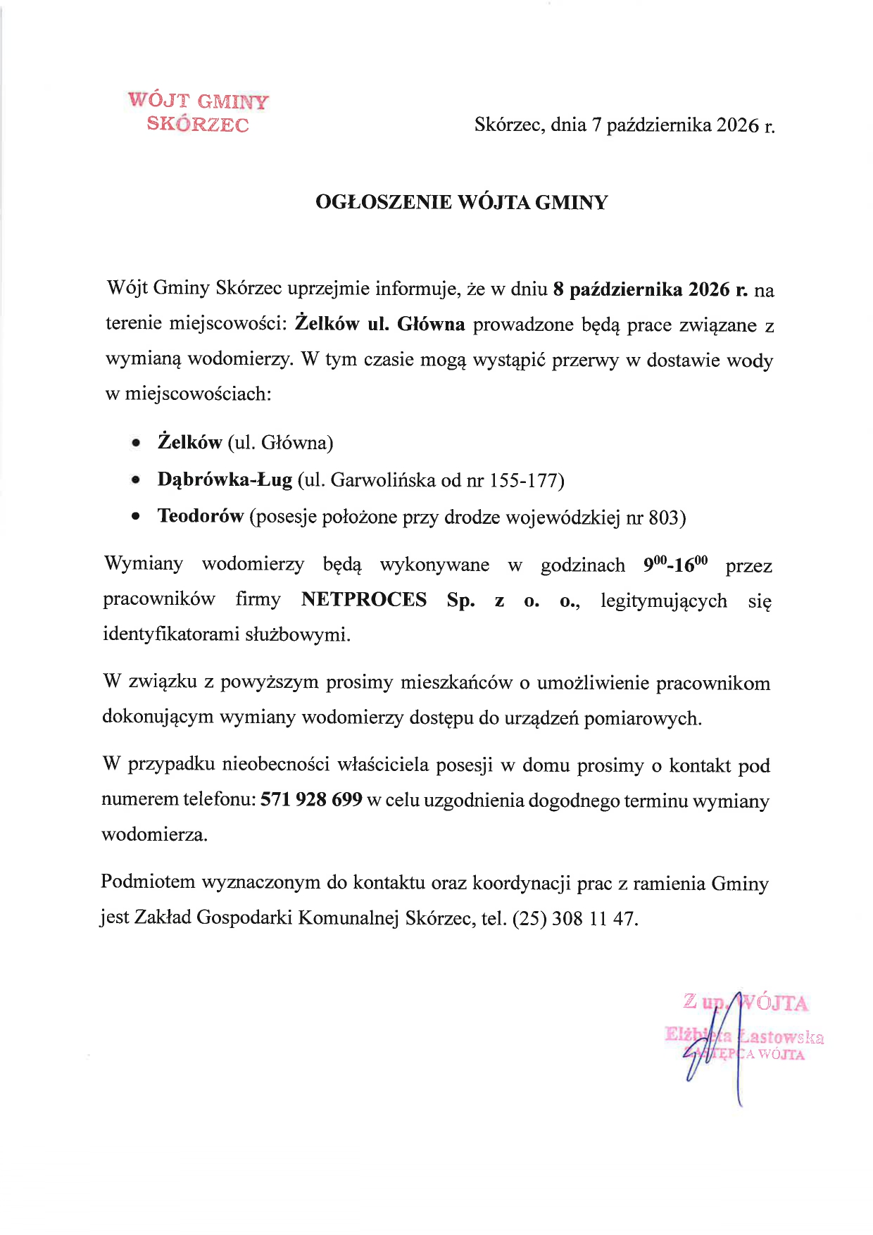 Wymiana wodomierzy Żelków ul. Główna - 8 października 2026 r.