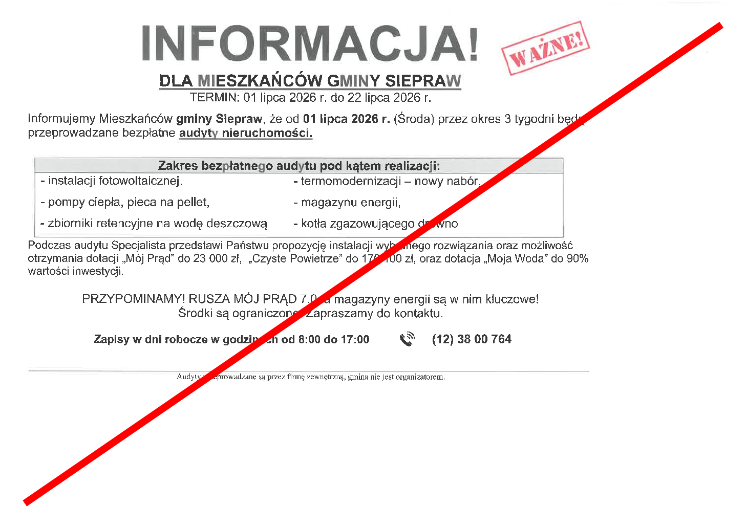 Na zdjęciu widoczna jest ulotka informacyjna skierowana do mieszkańców gminy Siepraw dotycząca bezpłatnych audytów nieruchomości. W górnej części znajduje się duży napis „INFORMACJA!” oraz podtytuł „Dla mieszkańców gminy Siepraw”. Obok umieszczono czerwony stempel z napisem „WAŻNE!”.