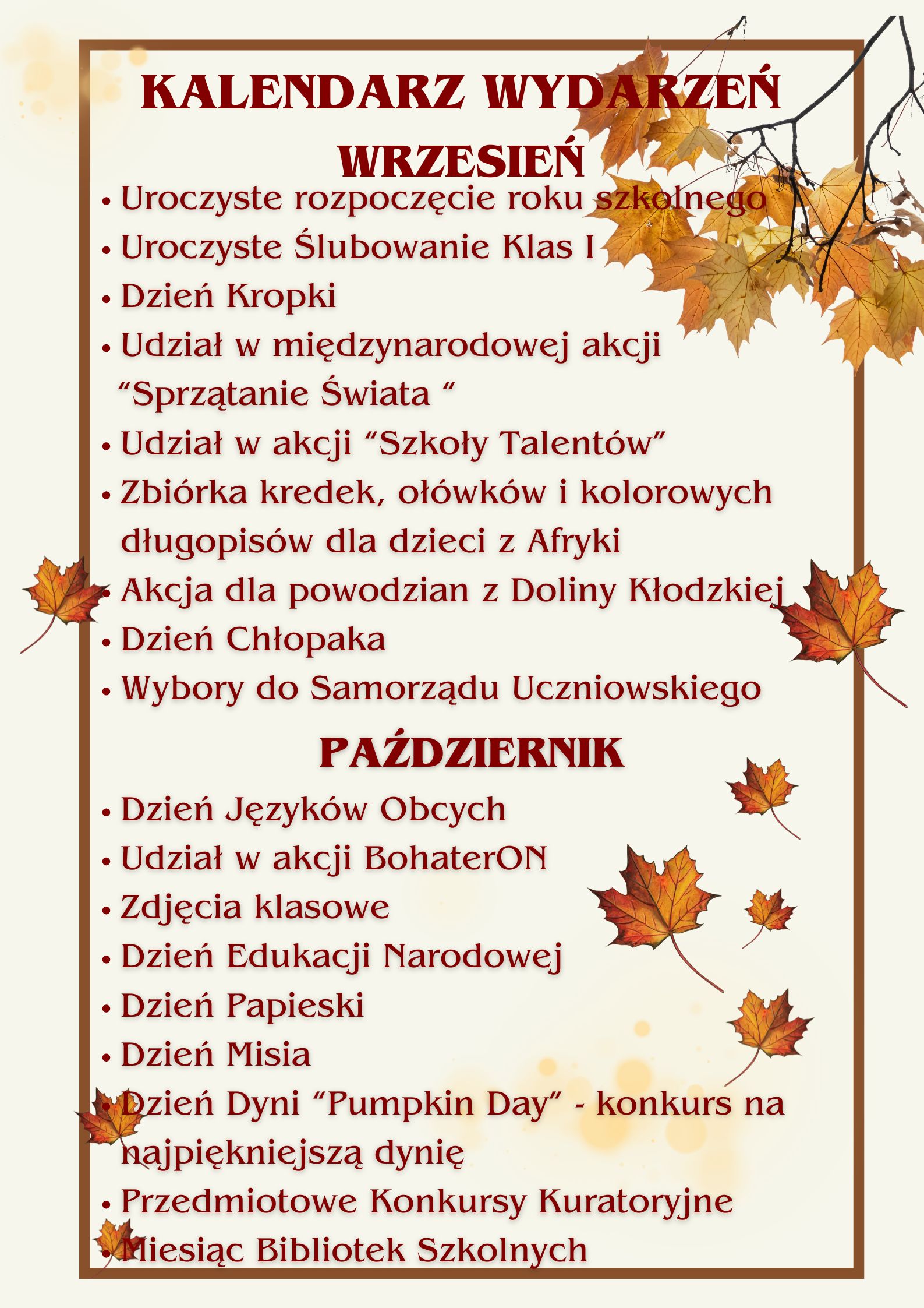 kalendarz wydarzeń wrzesień październik